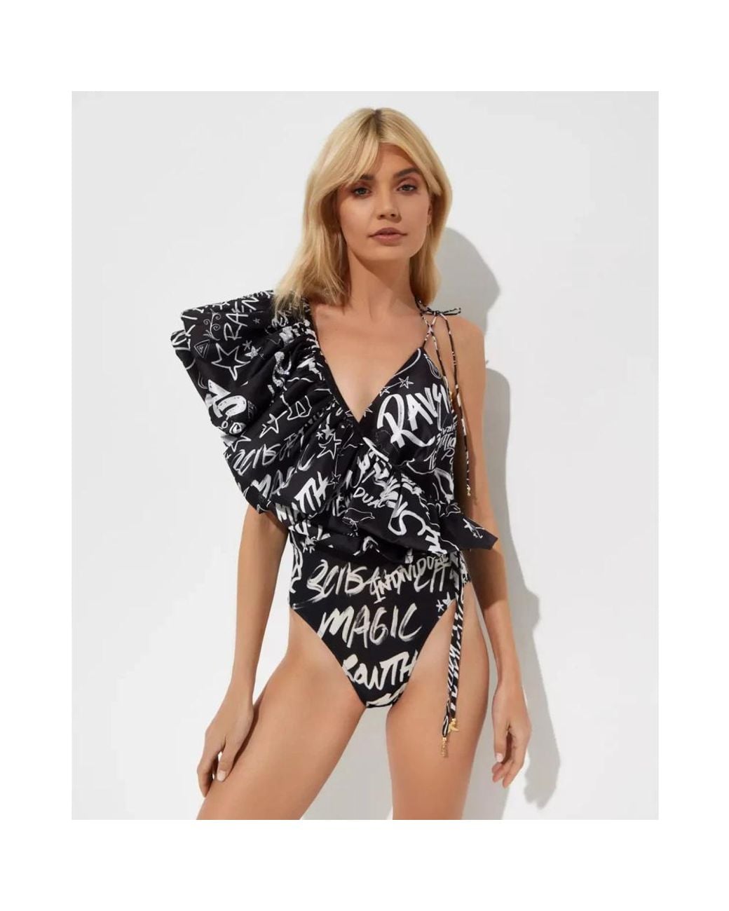 Camilla Black Body Mit Scribble-Muster Und Rüschen