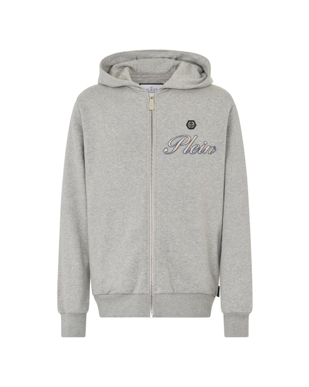 Philipp Plein Hoodies & Sweatvesten ,Grijs ,Katoen Zip Hoodie Signature Embroidery in het Gray voor heren