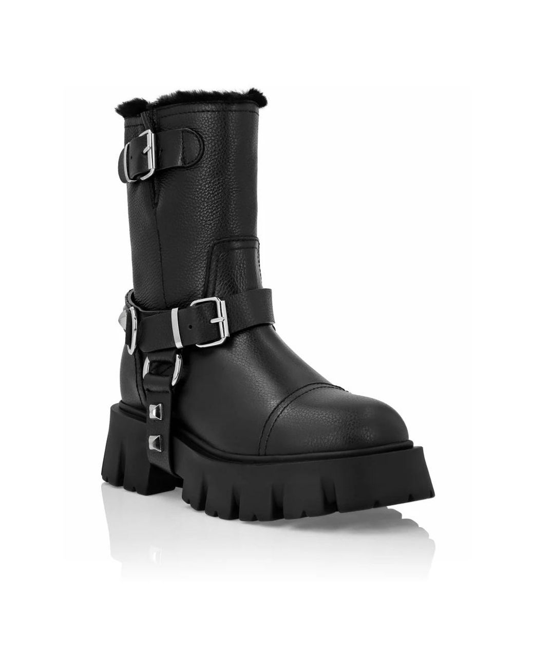 Philipp Plein Black Mid Flat Boots Hexagon