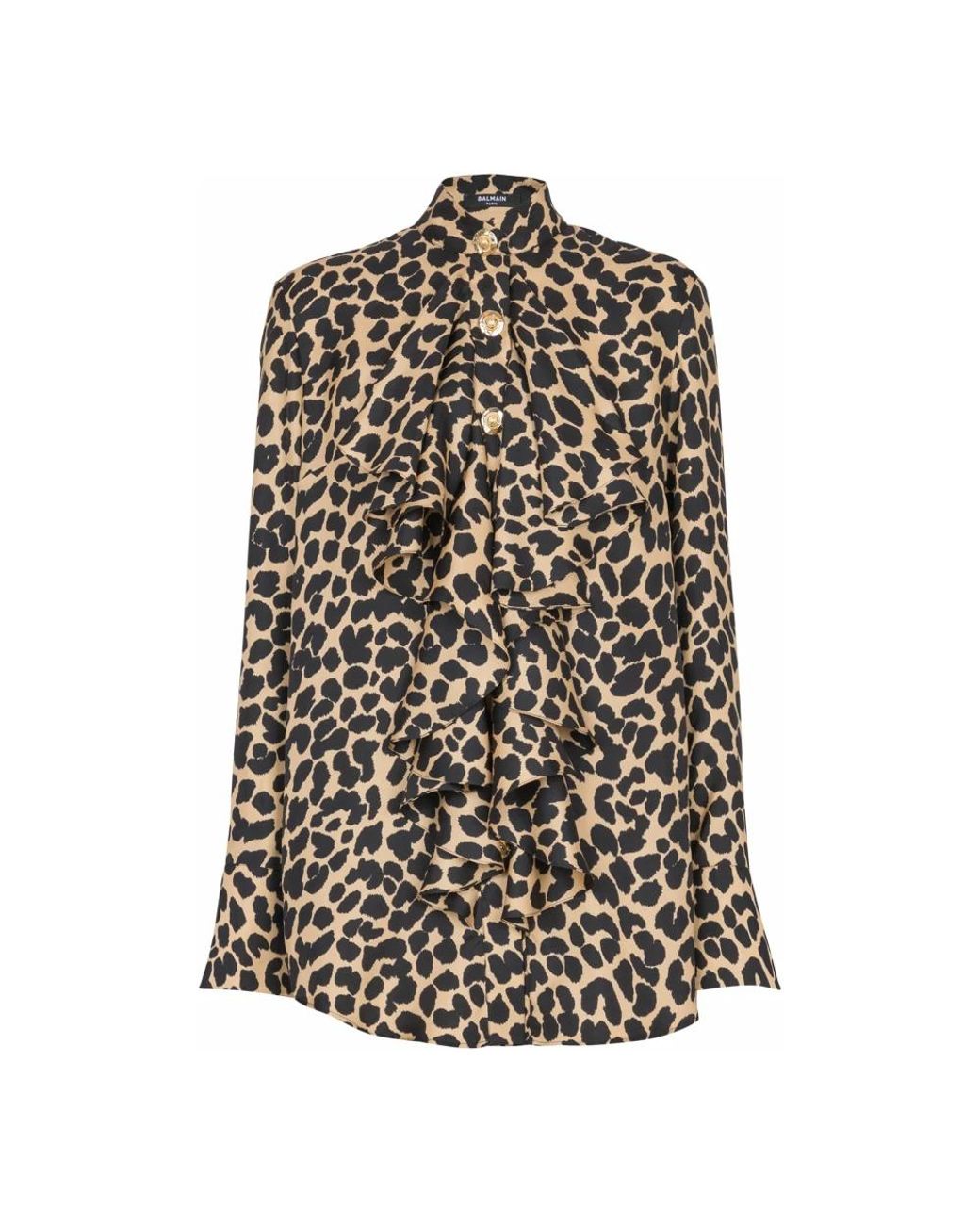 Balmain Black Silk Leopard Ruffled Shirt