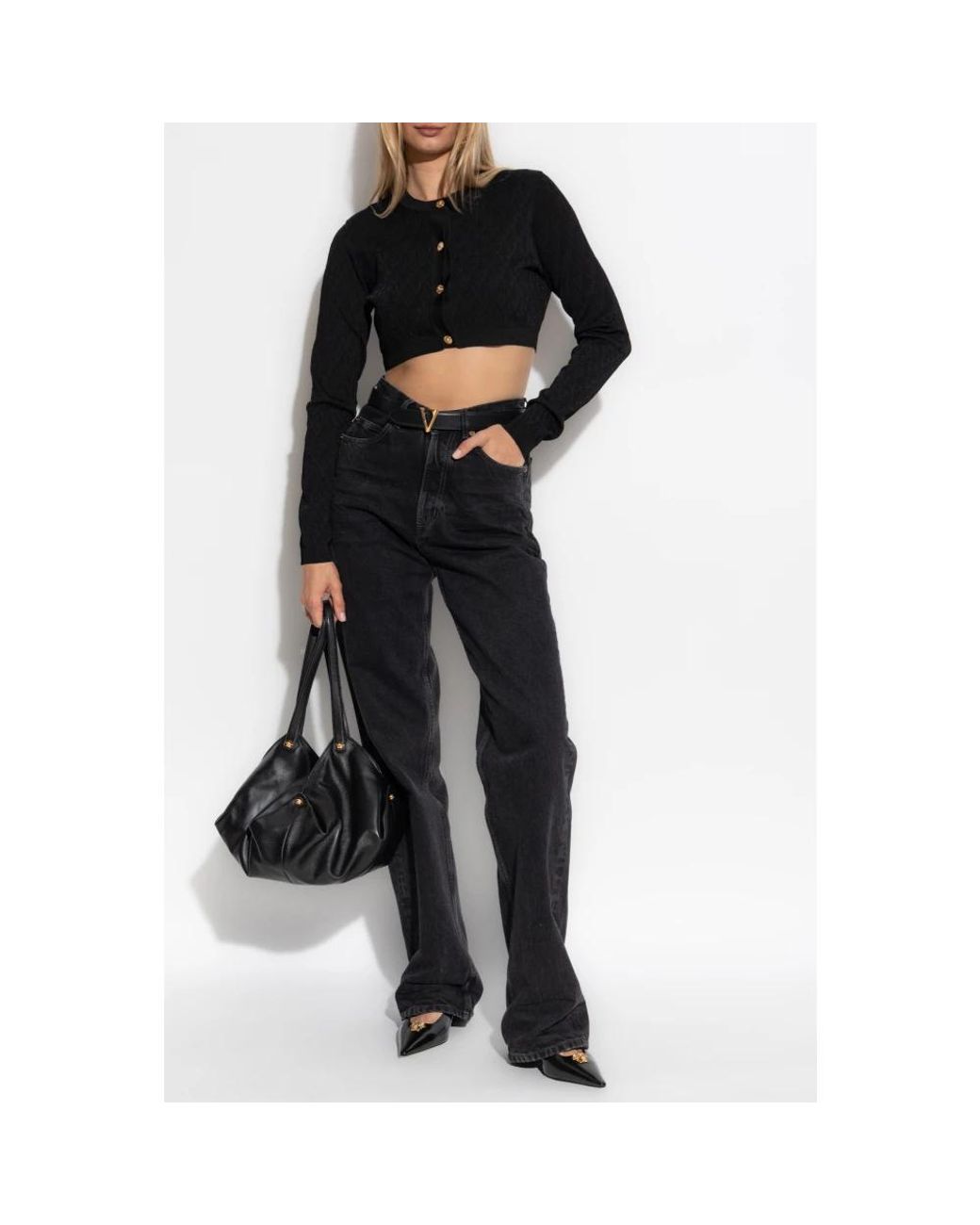 Versace Truien & Vesten ,Zwart ,Leer Korte Cardigan in het Black