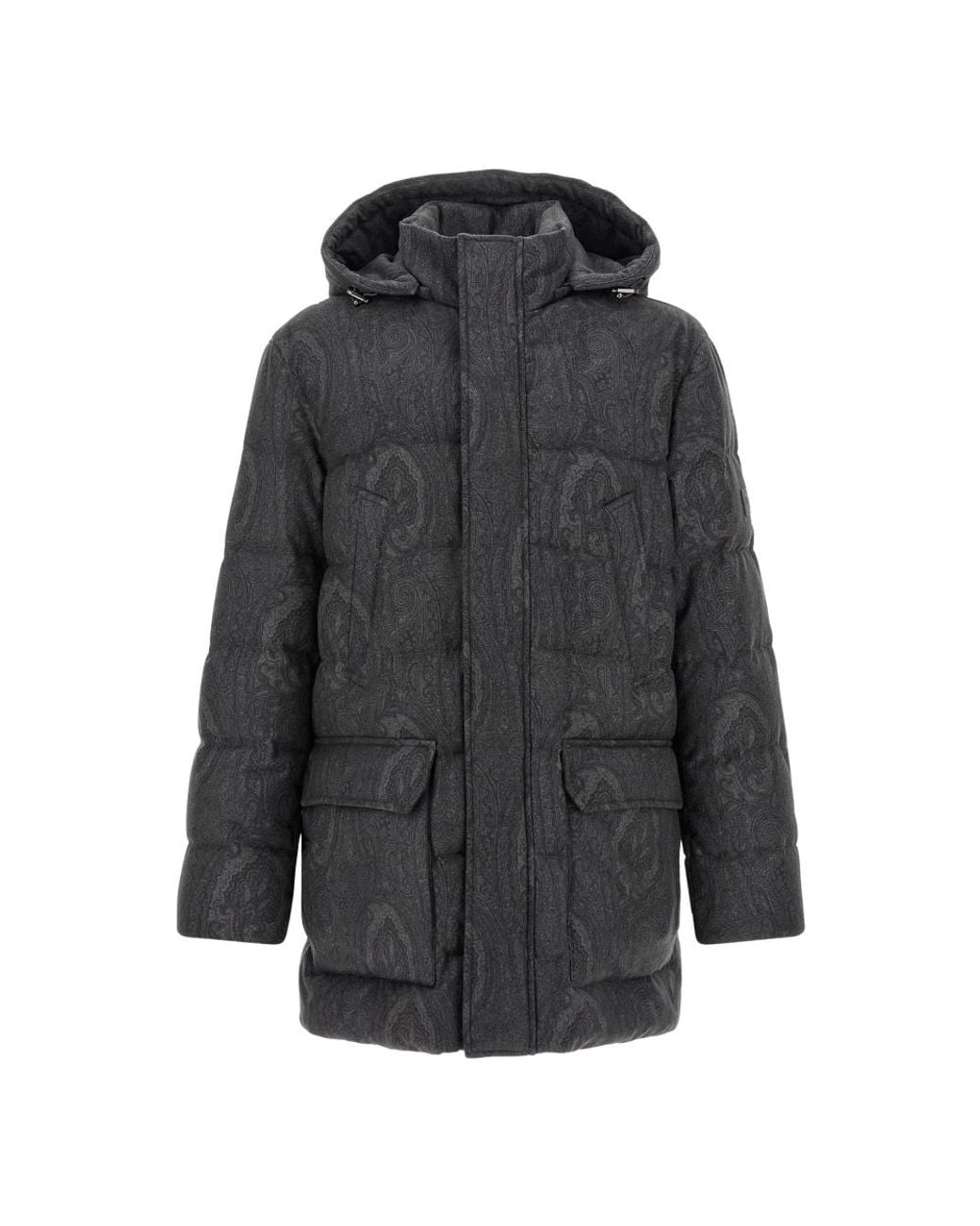 Etro Jassen ,Grijs ,Wol Wollen Donsjack Met Capuchon En Arnica-Motief in het Gray voor heren