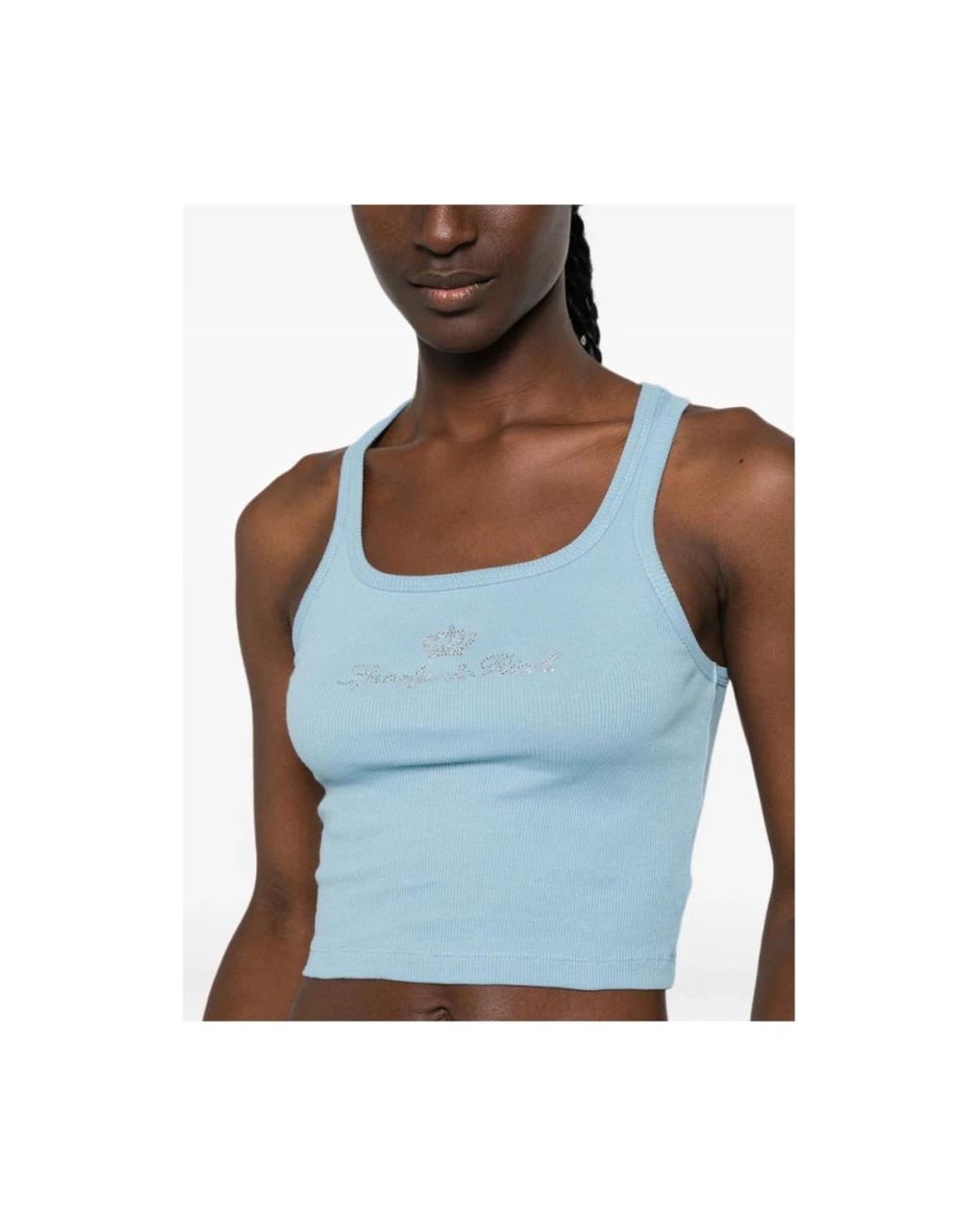 Sporty & Rich Blue Juicy Rhinestone-Logo Ribbed Tank Top