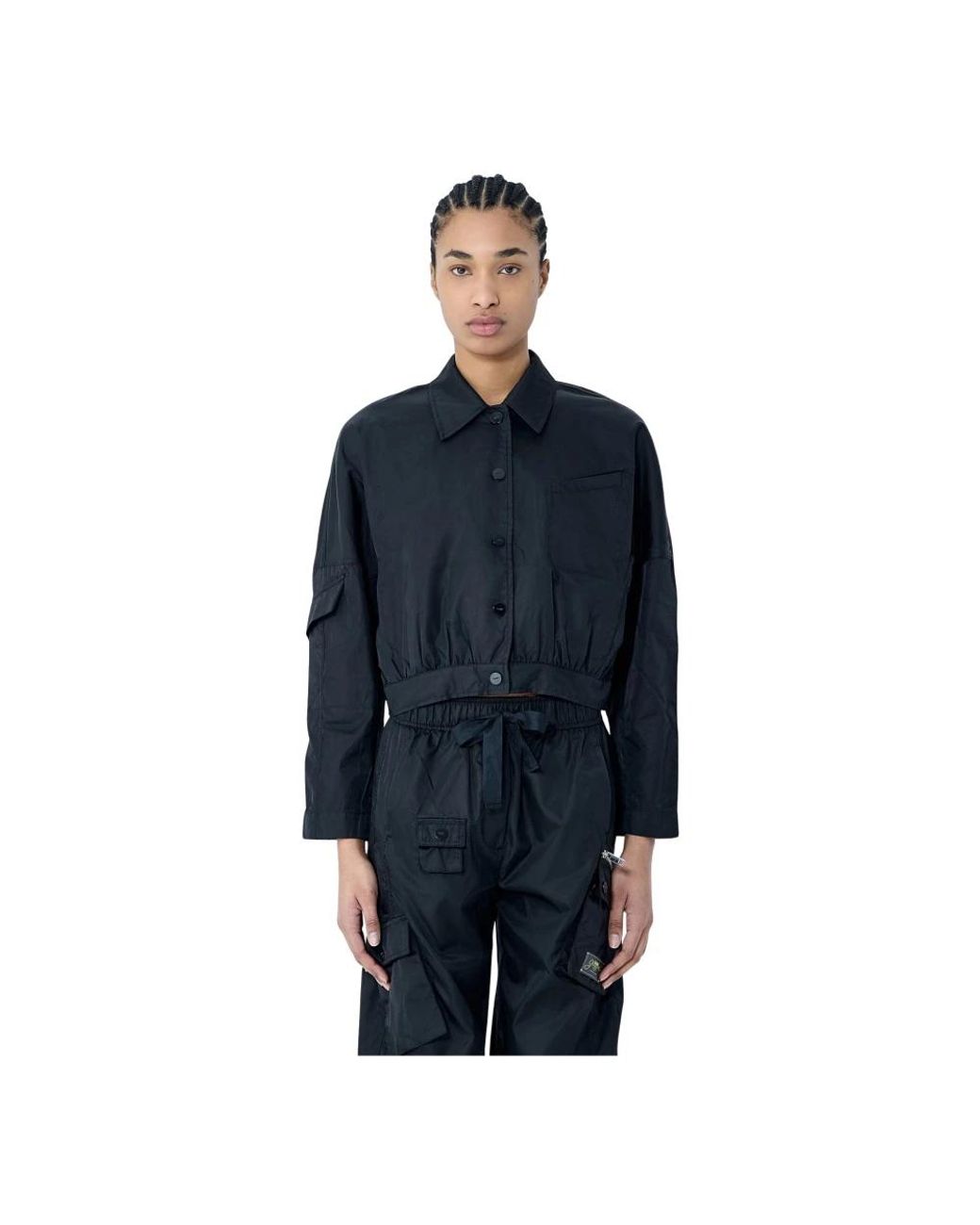 Ganni Jassen ,Zwart ,Nylon Korte Nylon Crop Jas Met Gerimpelde Naden in het Blue