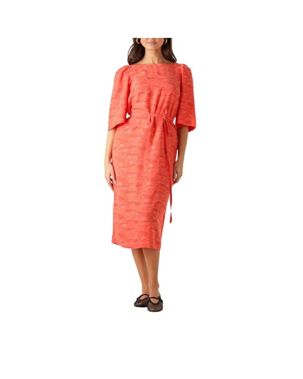 Object Kleedjes ,Oranje ,Denim Oranje Midi Jurk Met 3/4 Mouwen in het Red