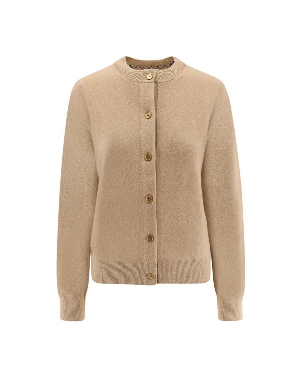 Burberry Truien & Vesten ,Bruin ,Kasjmier Geribbelde Trui Met Gouden Knopen in het Natural