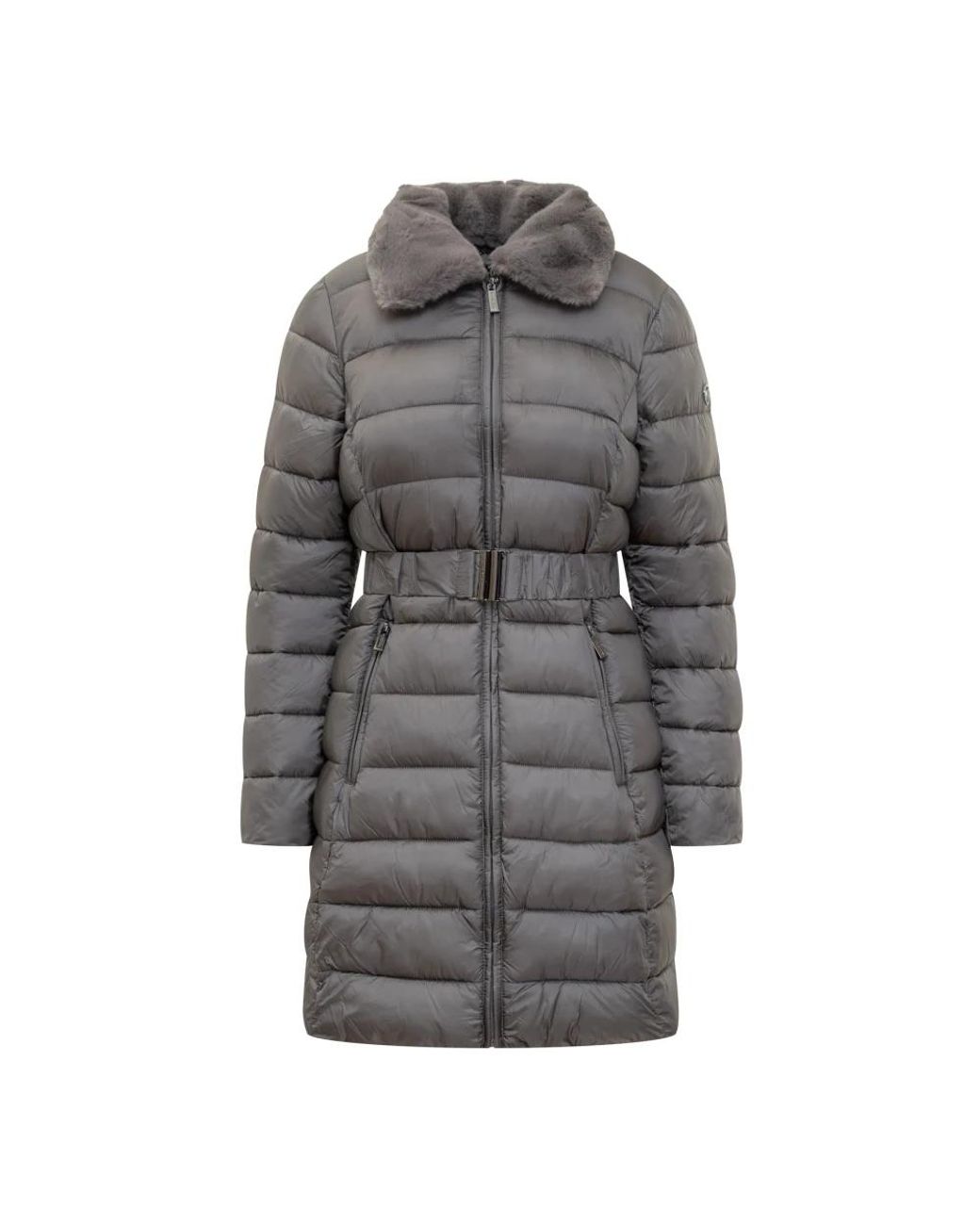 Michael Kors Gray Grey Long Down Jacket With Belt And Fur Collar