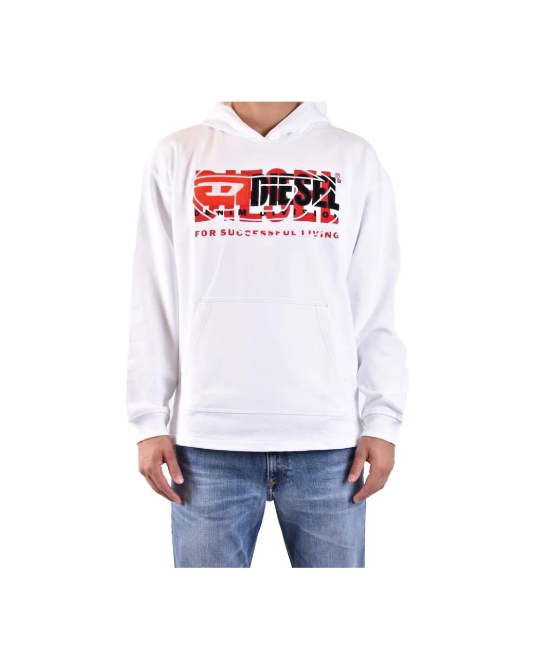 DIESEL White Hooded Print Sweatshirt With Front Pockets for men