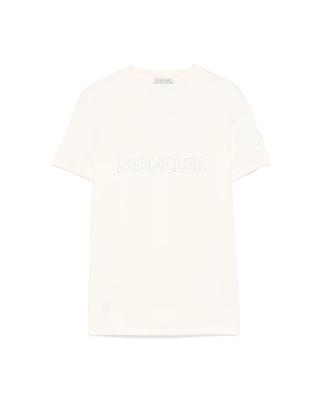 Moncler Tops ,Wit ,Katoen Crèmewit T-Shirt Met Ronde Hals En Logo in het White