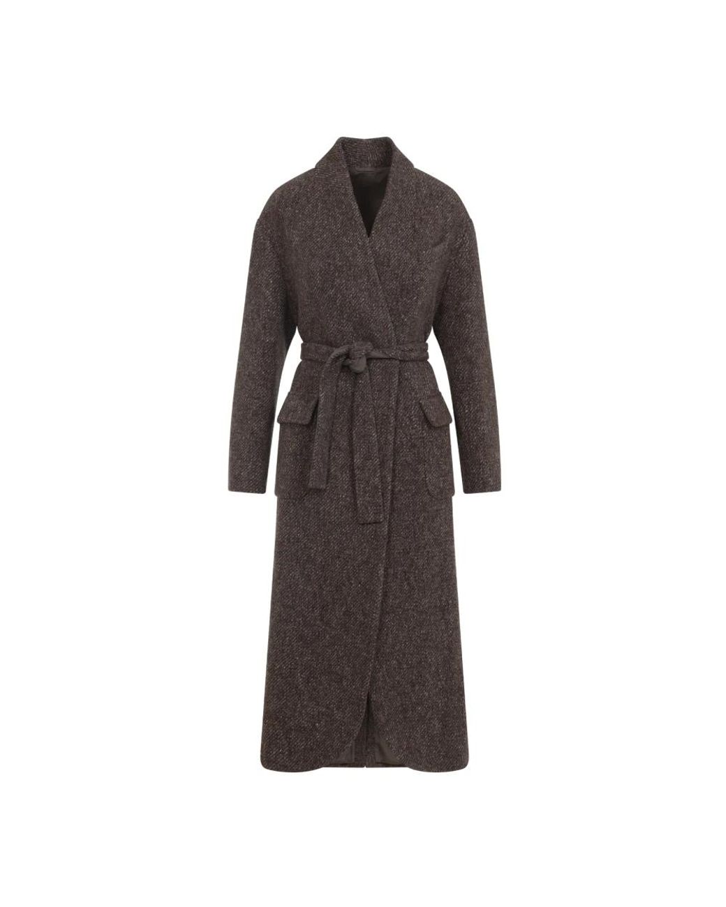Brunello Cucinelli Brown Wool And Cashmere Diagonal Mélange Coat With Belt And Necklace