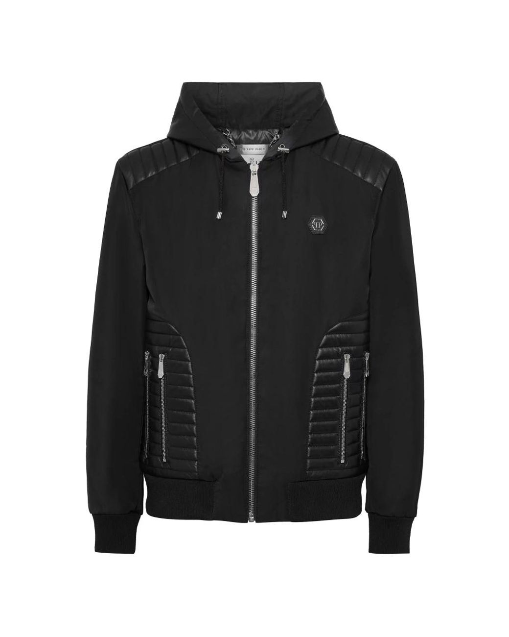 Philipp Plein Nylon Hooded Jacket Ls With Leather Inserts in het Black voor heren