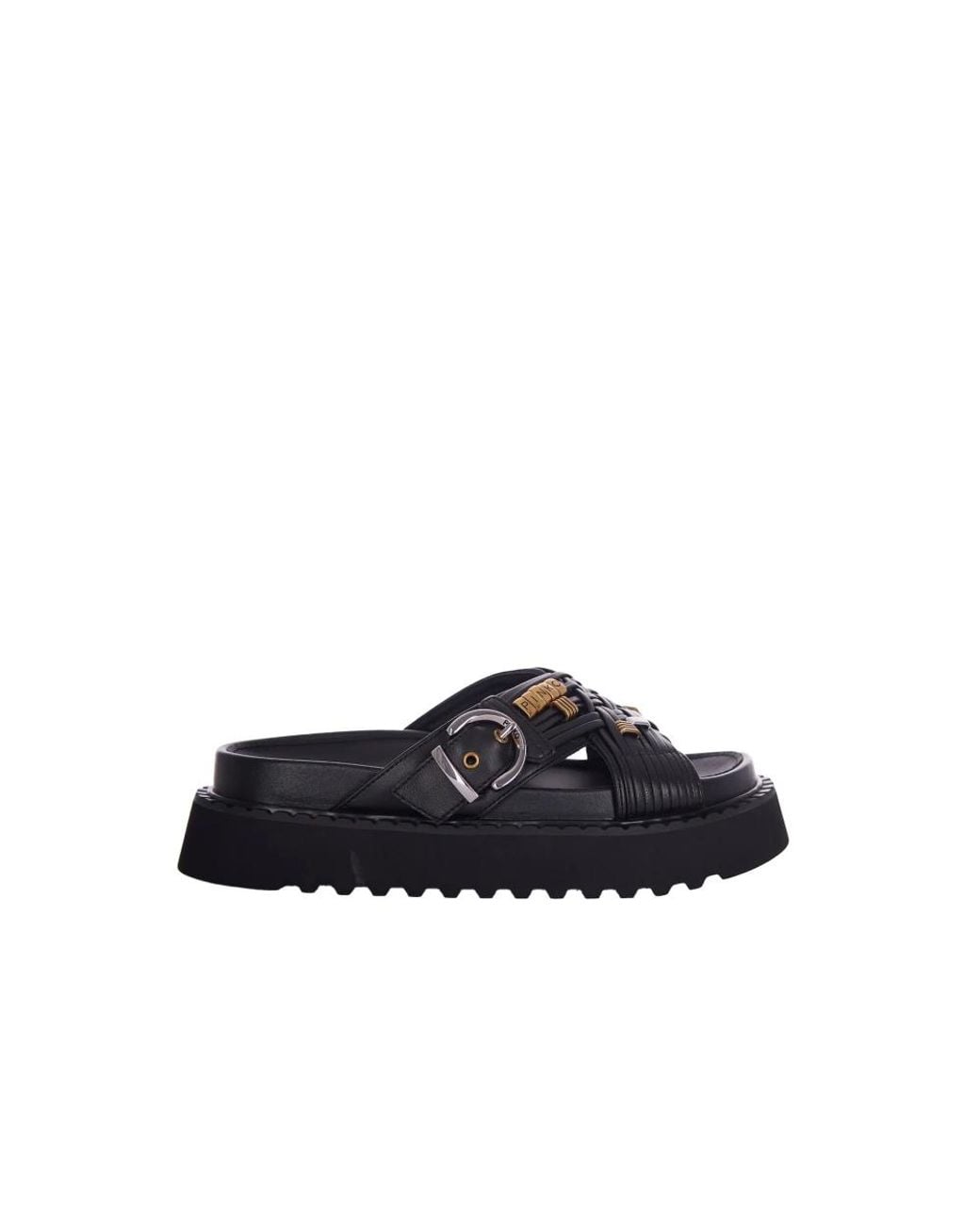 Pinko Black Woven Eco-Leather Sandals With Metallic Accents