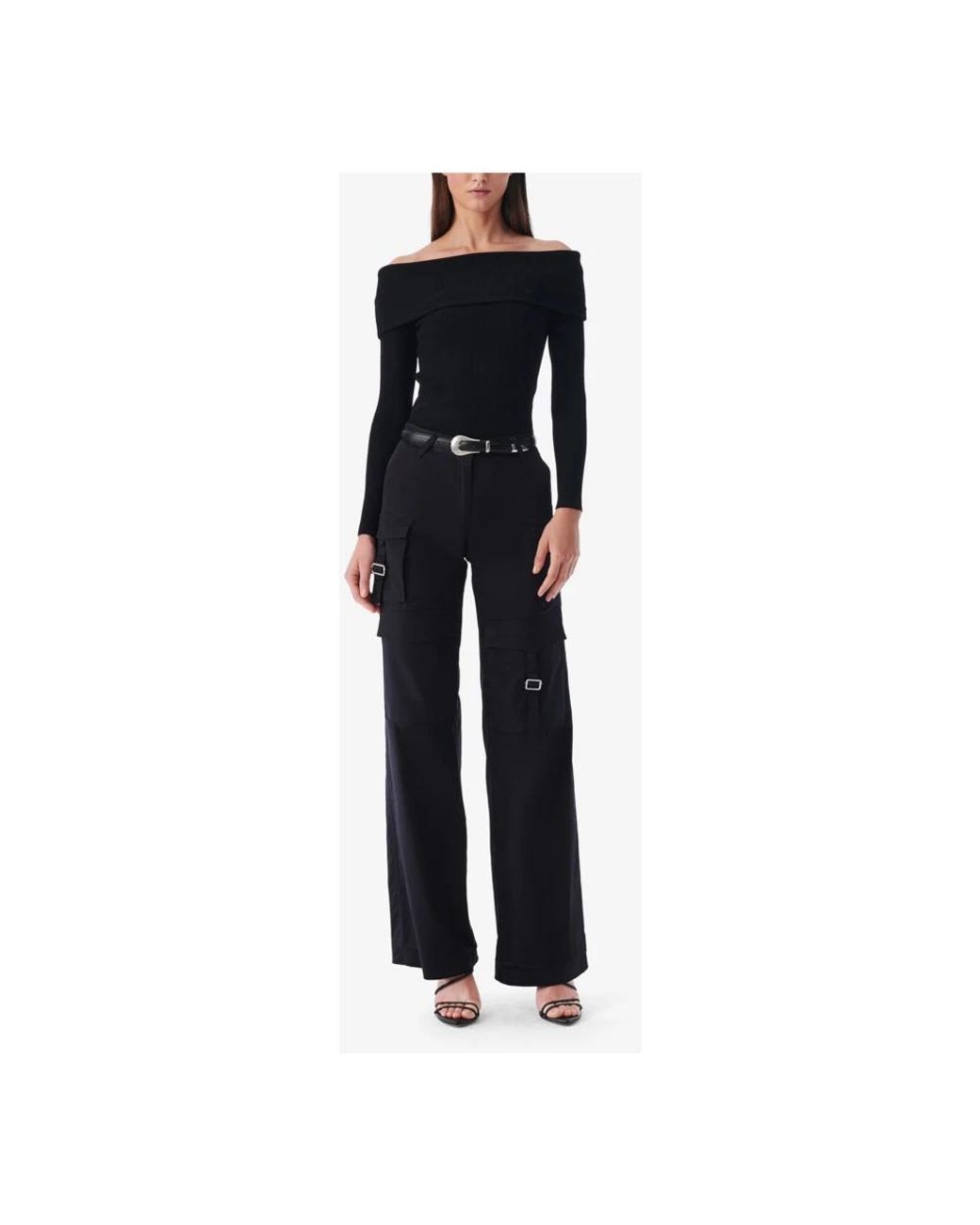 IRO Blue Schwarzer gerippter off-shoulder pullover