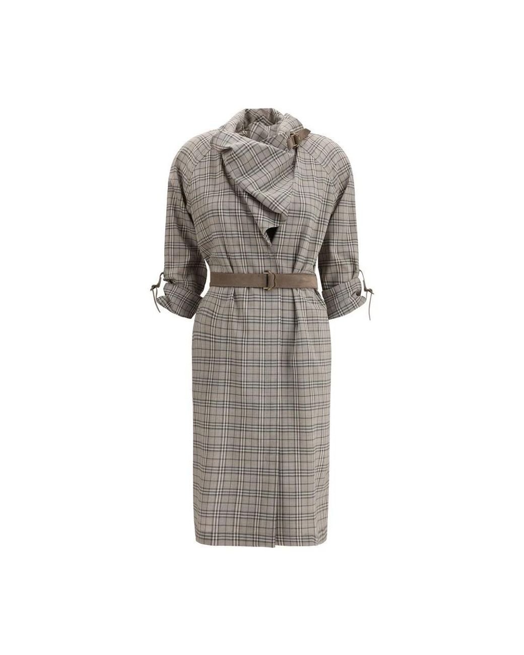 Burberry Gray Wool Check Dress With A Shawl Collar
