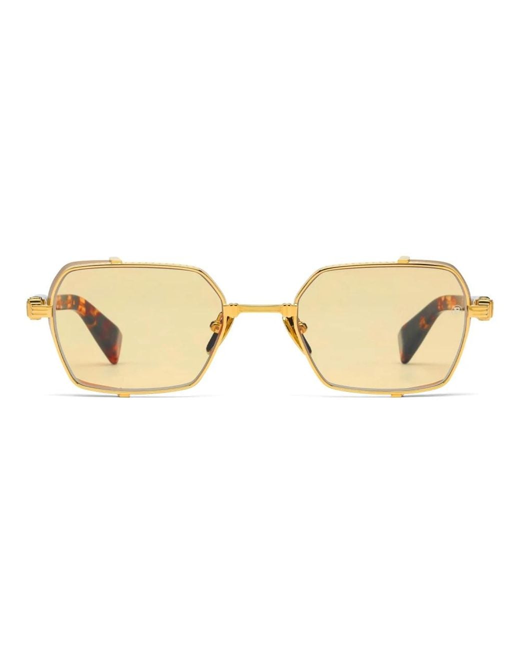 Balmain Accessoires ,Geel ,18K Gouden Rechthoekige Zonnebril Met Gespotte Havana in het Brown