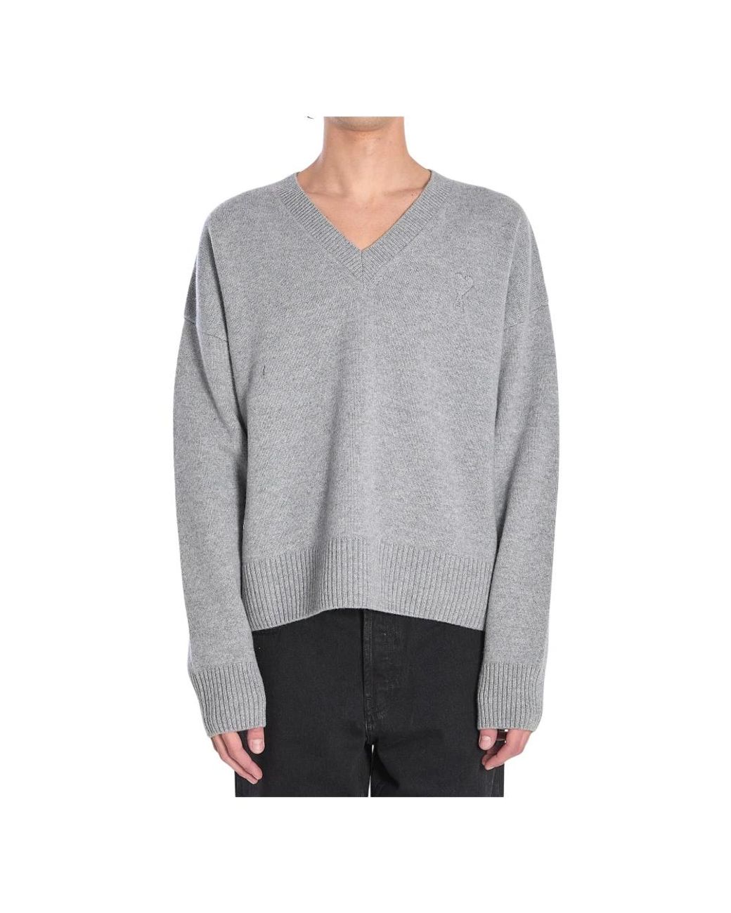 AMI Grijze V-Hals Ribgebreide Trui Met Logo in het Gray voor heren