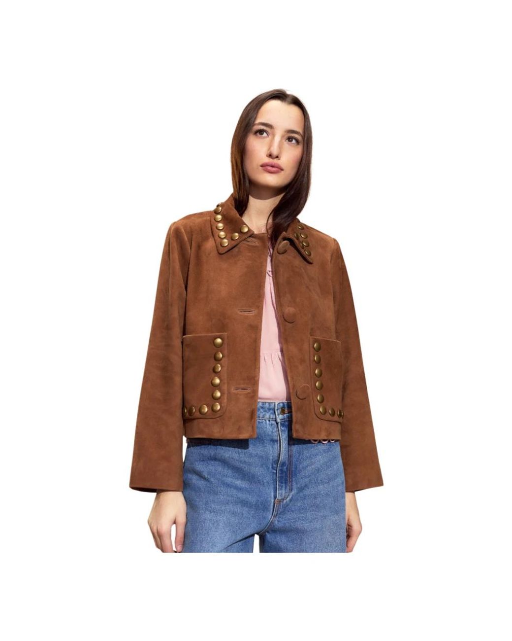 Cynthia Rowley Jassen ,Bruin ,Studded Suede Cropped Jacket in het Brown