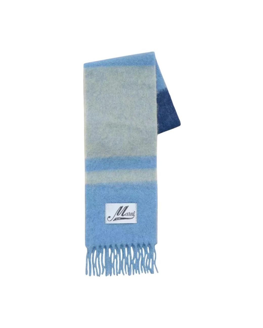 Marni Blue Blau Gestreifter Fransenschal