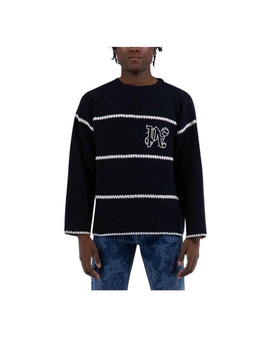 Palm Angels Gestreepte Monogram Wollen Trui in het Black voor heren