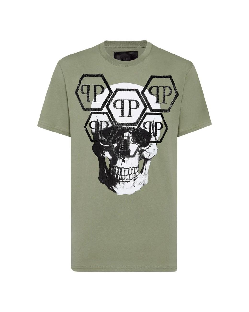 Philipp Plein Tops ,Groen ,Katoen T-Shirt Ronde Hals Ss Stones Skull in het Green voor heren