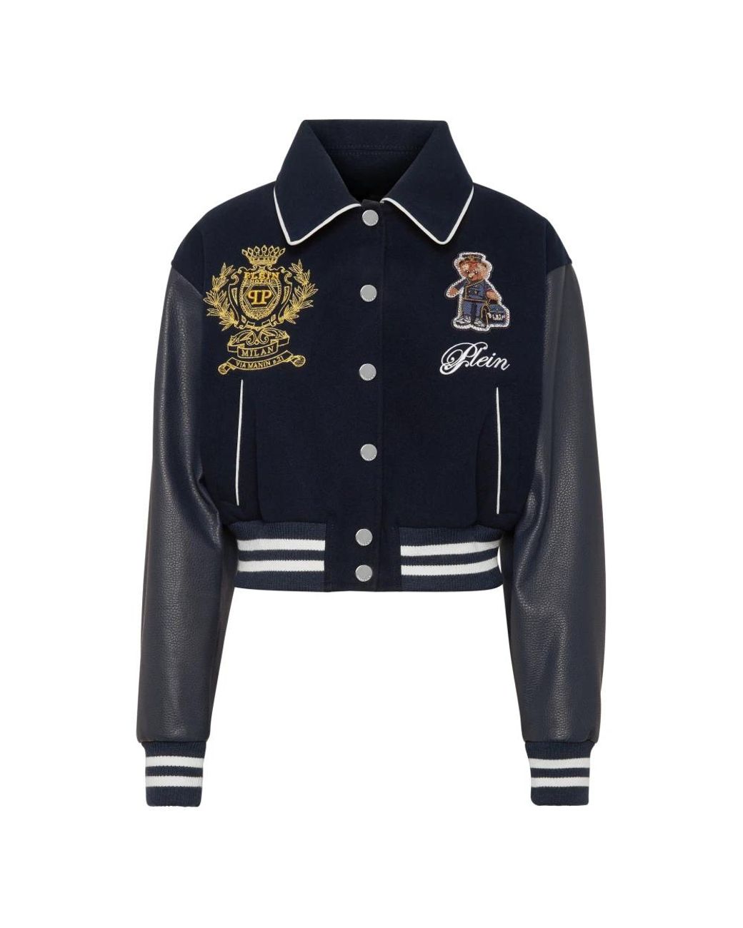 Philipp Plein Jassen ,Blauw ,Wol Wool And Leather College Bomber Teddy in het Blue