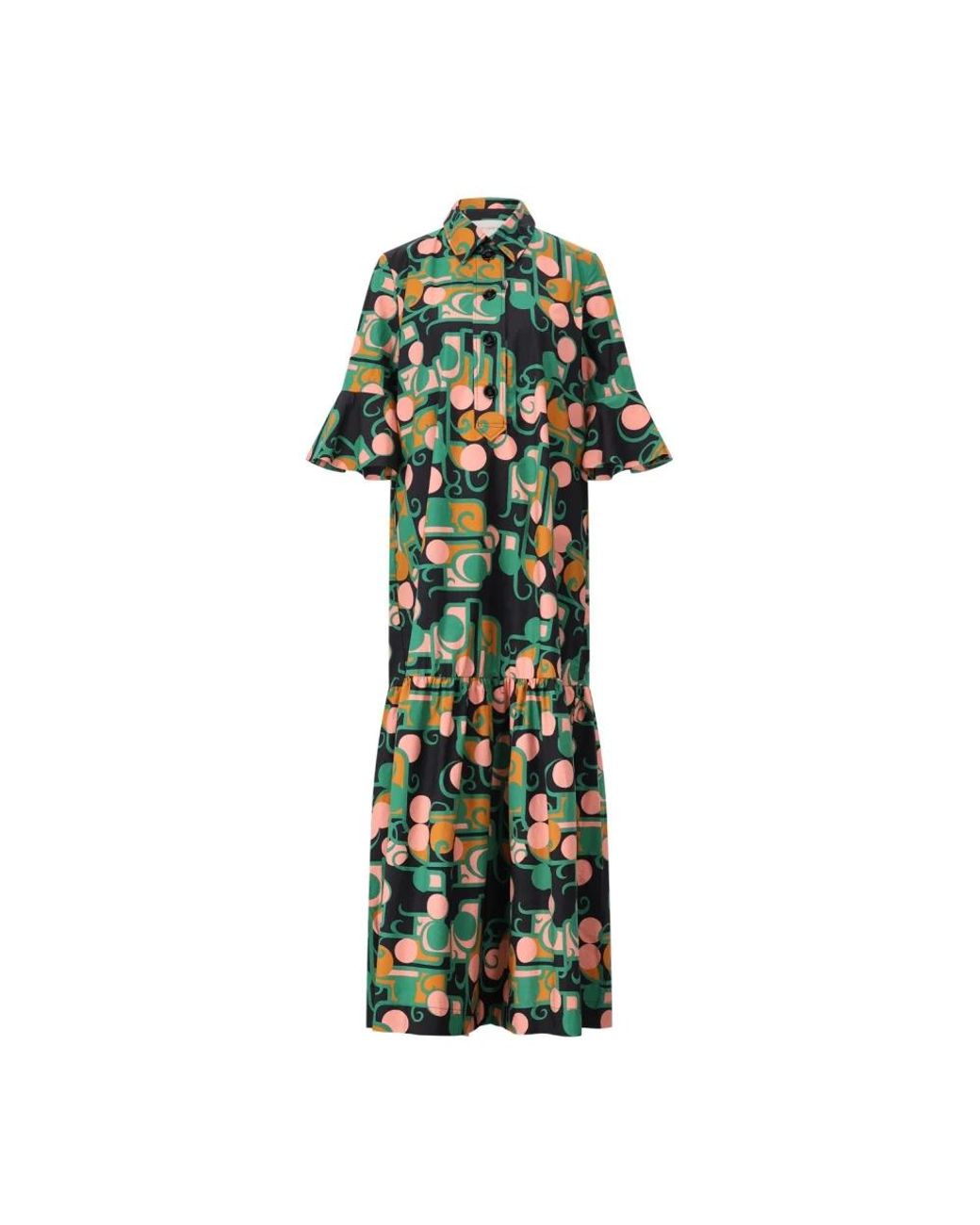 LaDoubleJ Kleedjes ,Veelkleurig ,Retro Maxi Jurk Met Flowy Ruffles in het Green