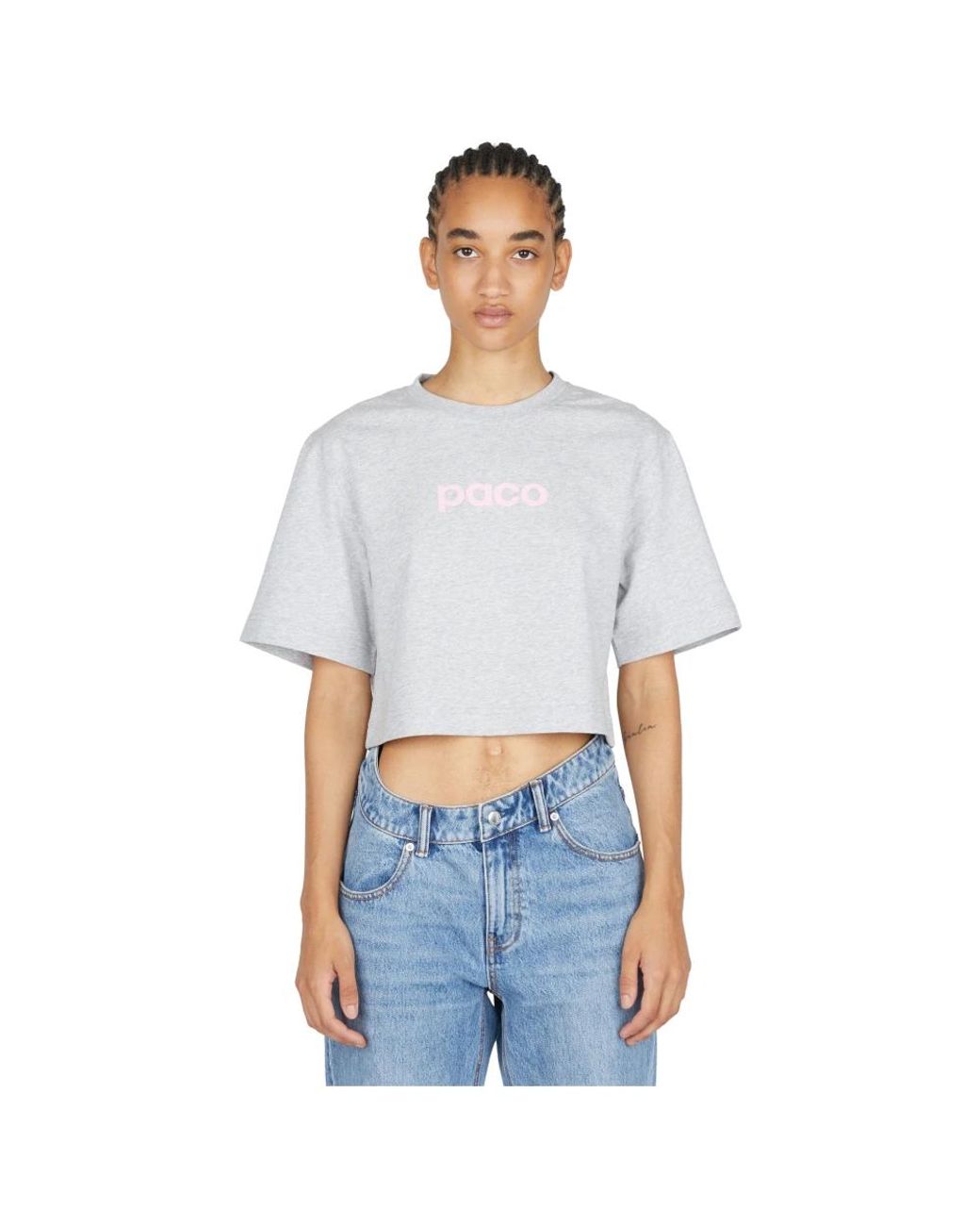 Rabanne Tops ,Grijs ,Katoen Logo Print Cropped T-Shirt in het Blue