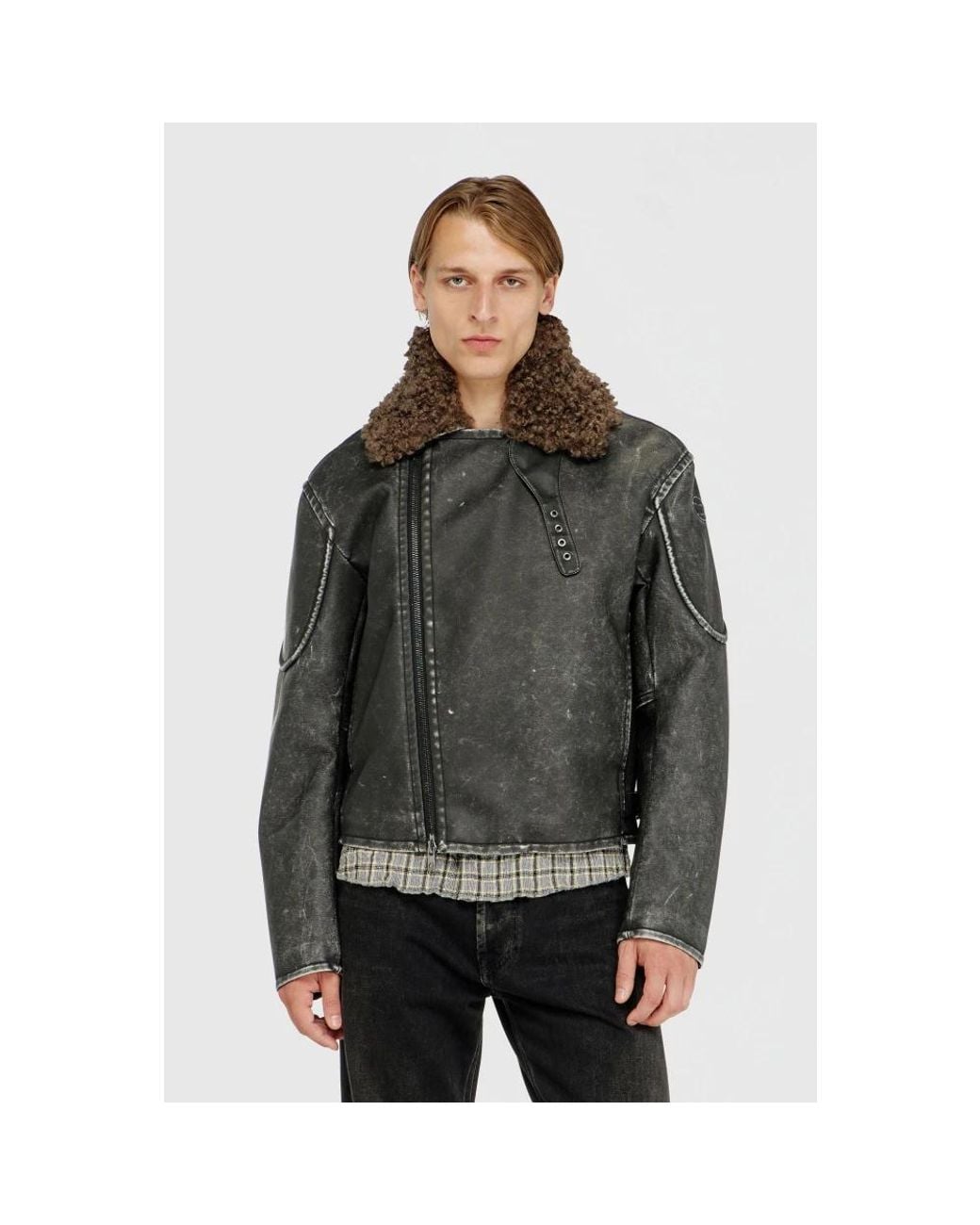 DIESEL Gray Leather Jackets for men