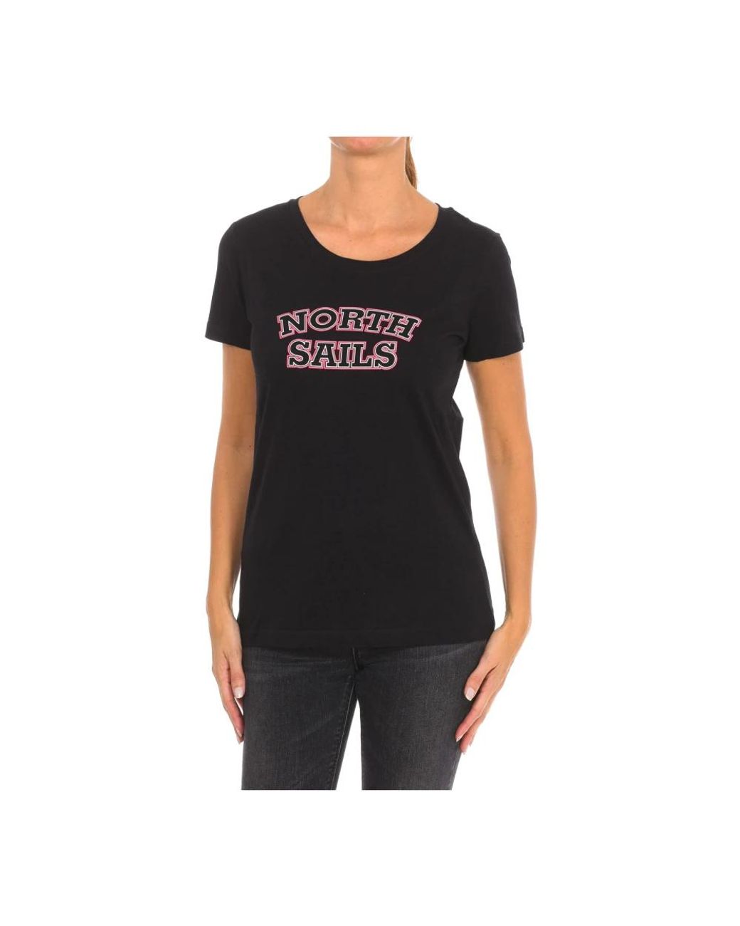 North Sails Tops ,Zwart ,Katoen T-Shirt Met Korte Mouwen En Geribbelde Halslijn in het Black