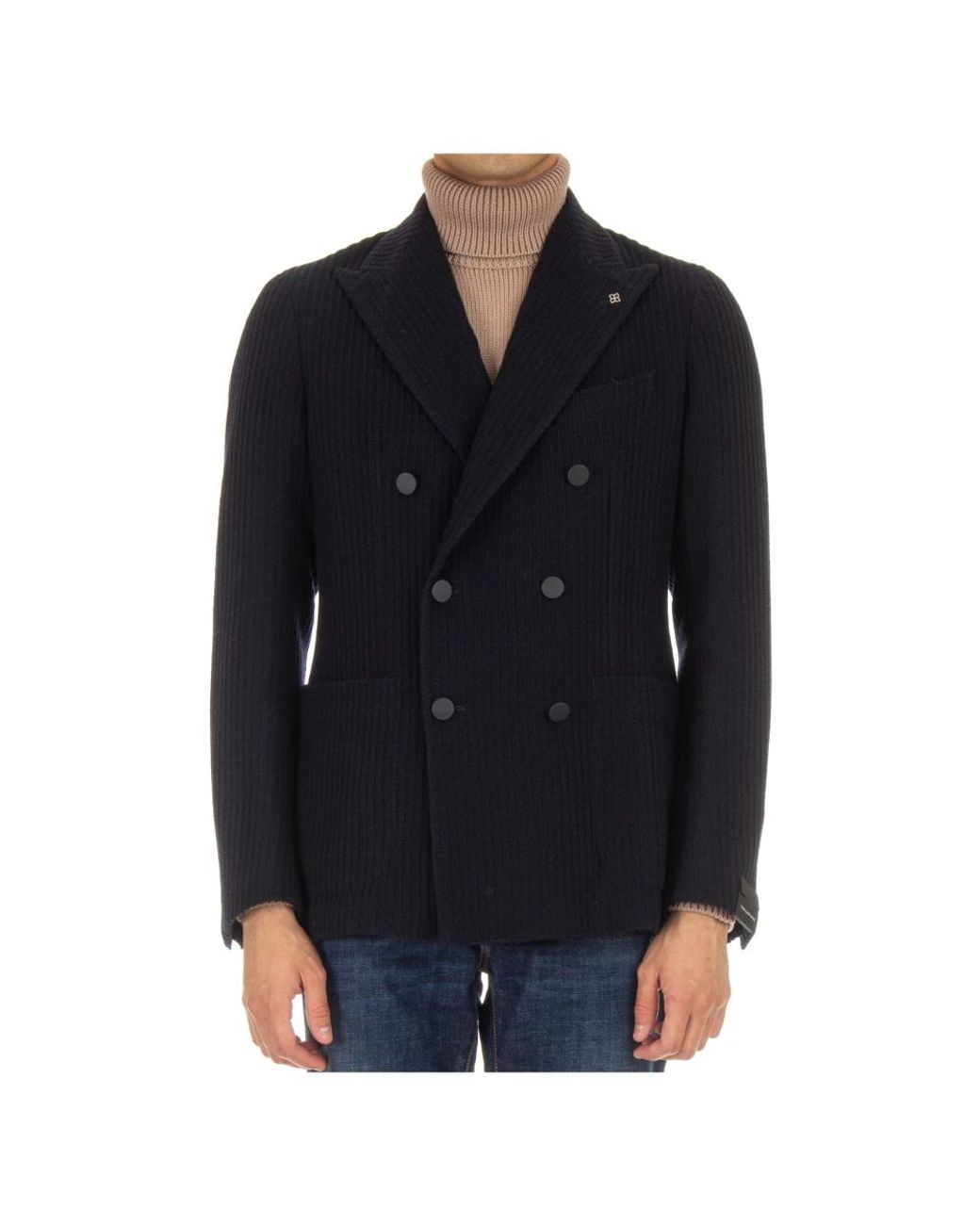 Tagliatore Jassen ,Blauw ,Wol Geribbelde Wollen Double-Breasted Jas in het Black voor heren