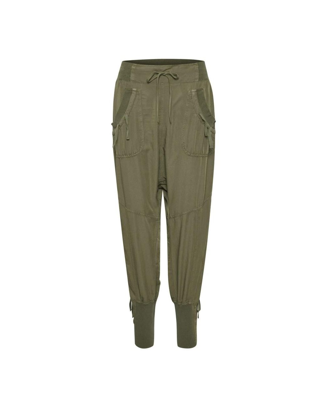 Cream Broeken ,Groen ,Polyester Khaki Elastische Taille Broek Met Geribbelde Zoom in het Green