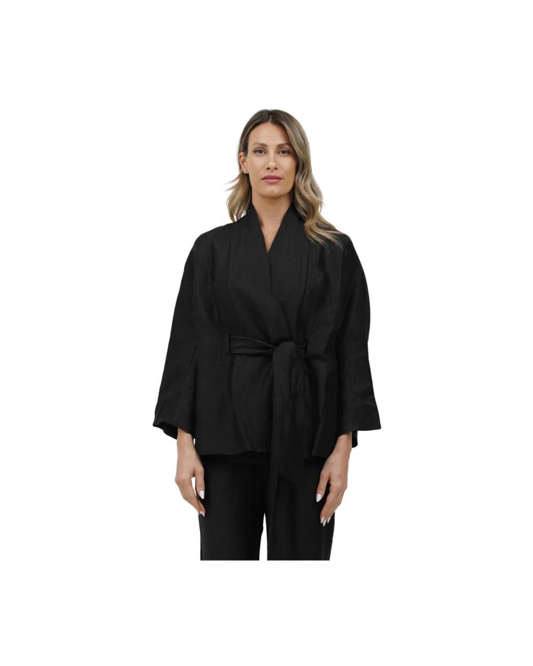 Alpha Studio Truien & Vesten ,Zwart ,Linnen Linnen Kimono Cardigan Met Ceintuur in het Black