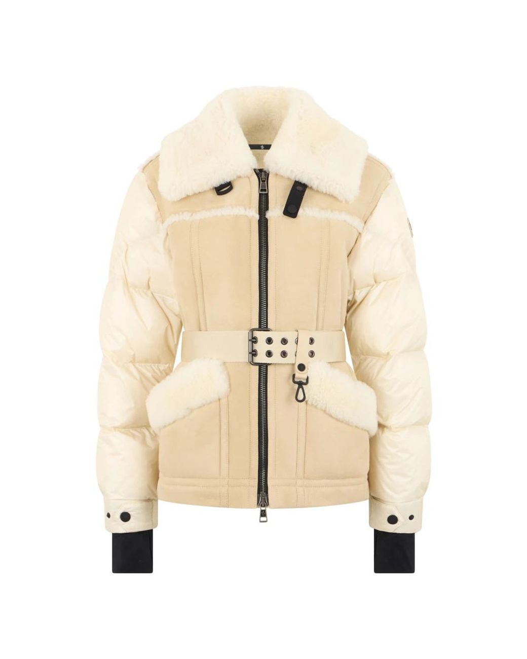 Moncler Alvernia Belted Shearling Down Jacket in het Natural