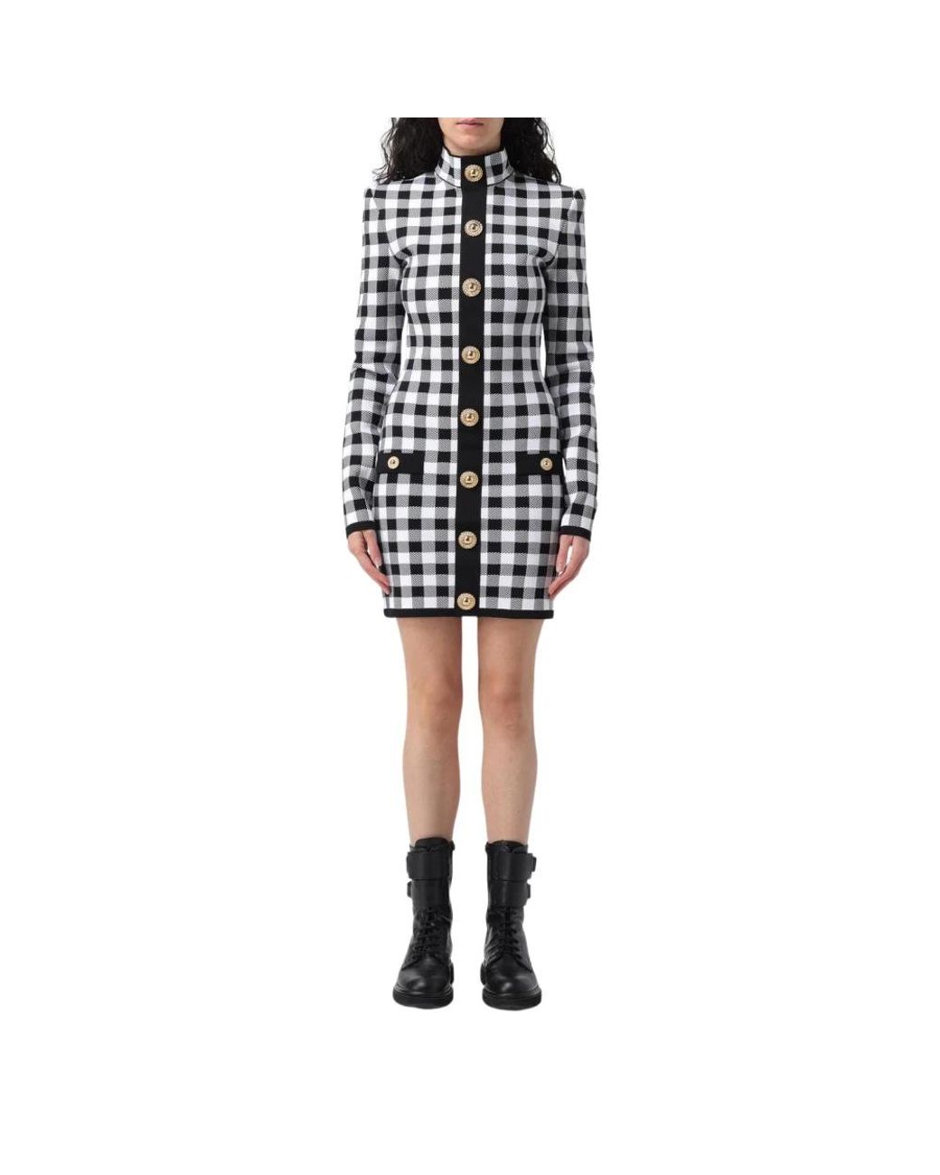 Balmain Kleedjes ,Wit ,Elegante Gingham Mini Jurk Met Gouden Knopen in het Black
