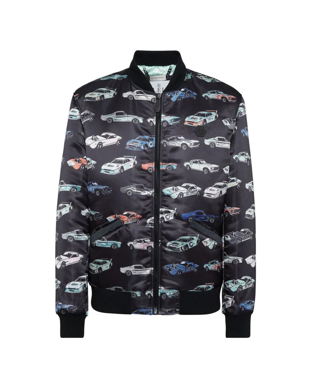 Philipp Plein Jassen ,Veelkleurig ,Polyester Satin Bomber Jacket Ls Cars Racing in het Black voor heren