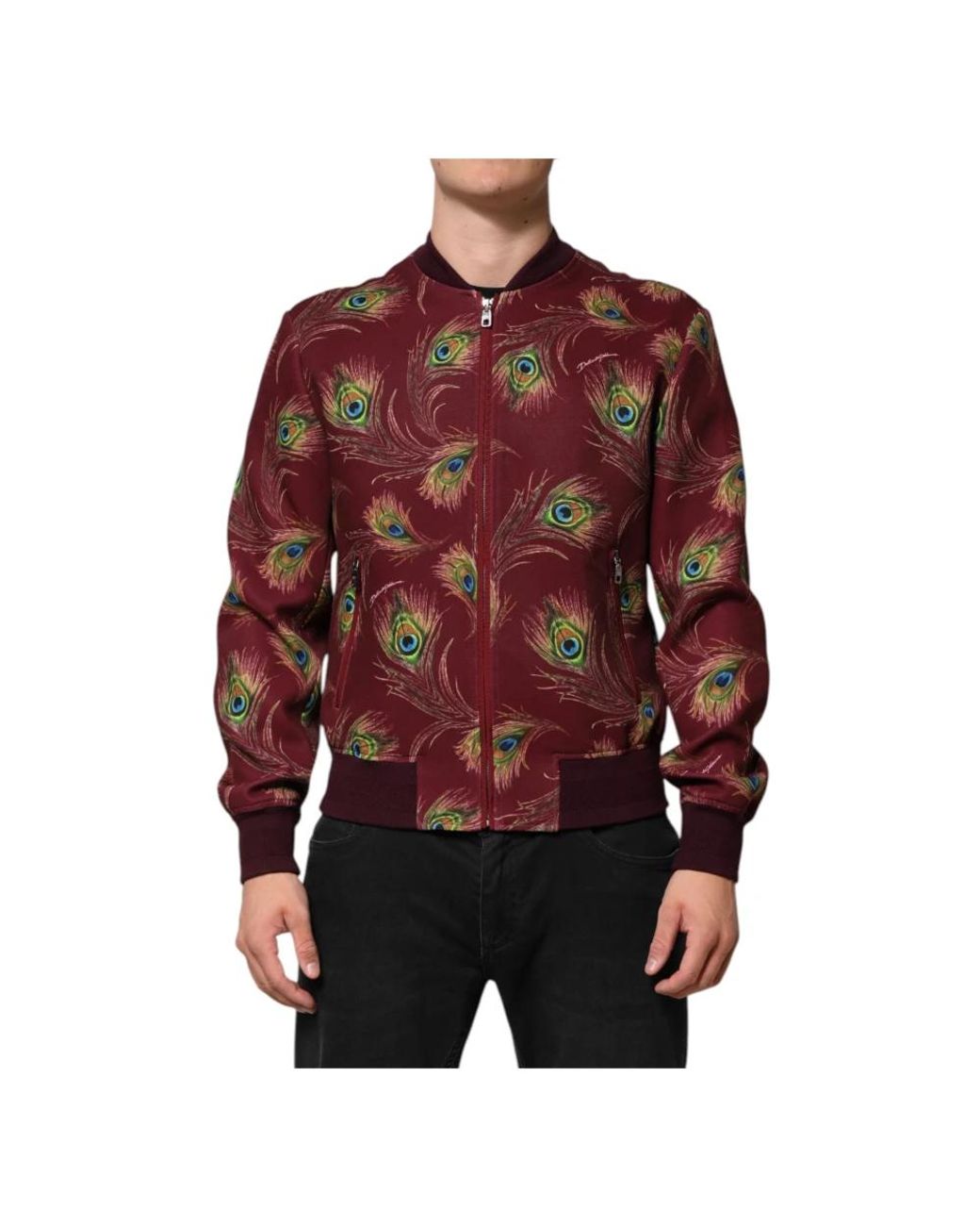Dolce & Gabbana Jassen ,Veelkleurig Peacock Feather Print Bomber Jacket in het Red voor heren