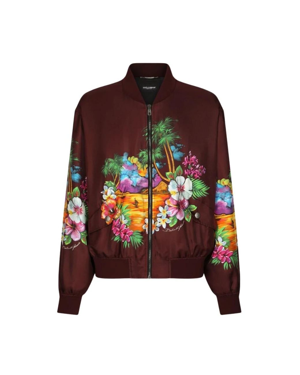 Dolce & Gabbana Brown Island-Print Silk Bomber Jacket for men