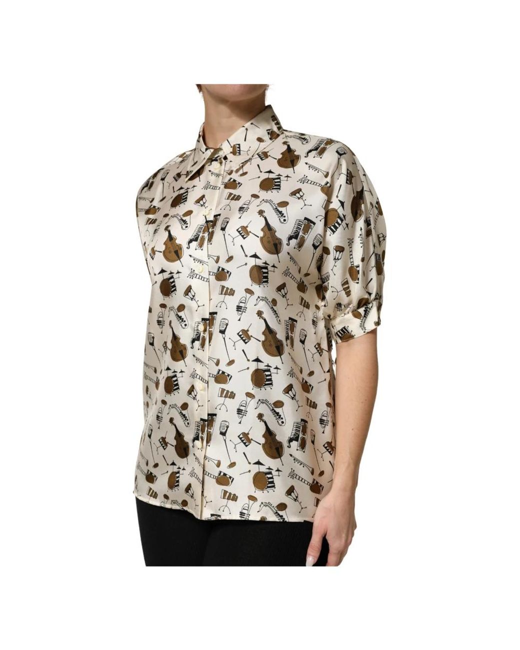 Dolce & Gabbana White Print Silk Polo Top