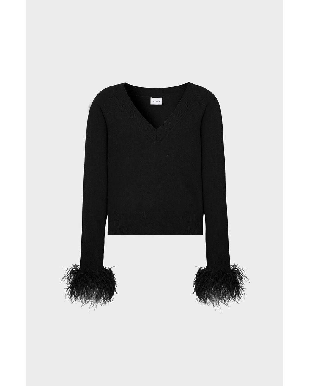MILLY Black Feather Cuff V-neck Sweater
