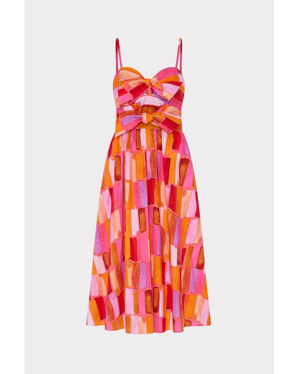 MILLY Natasha Sunset Tile Poplin Bow Midi Dress in Red | Lyst