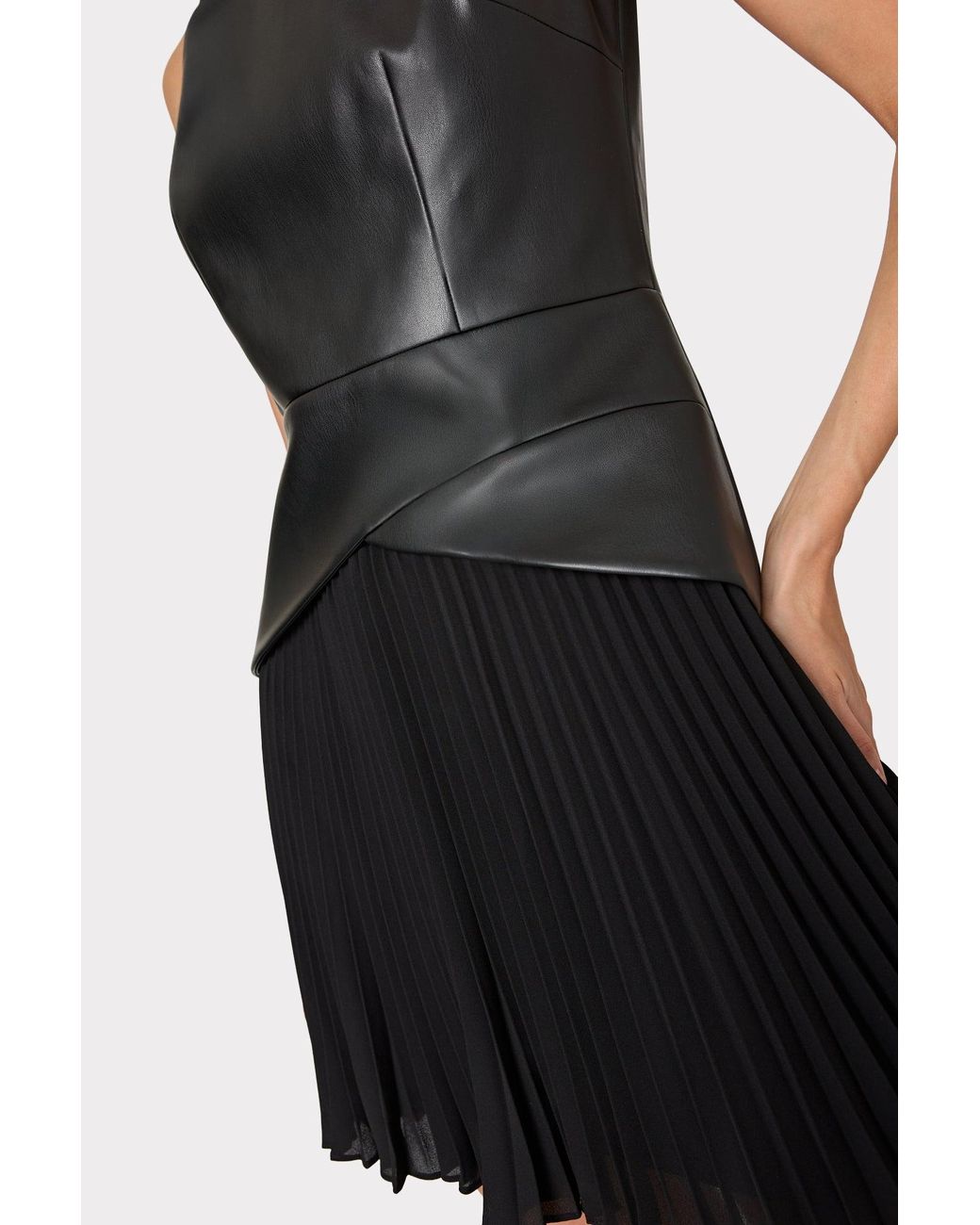 MILLY Black Haddy Leather Pleated Combo Mini Dress
