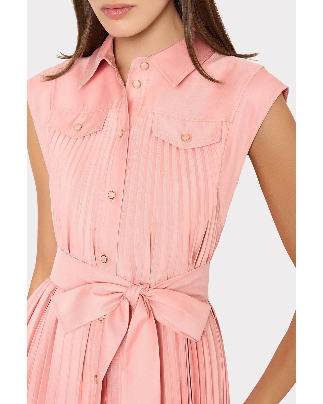 MILLY Pink Johanna Pleated Twill Midi Dress