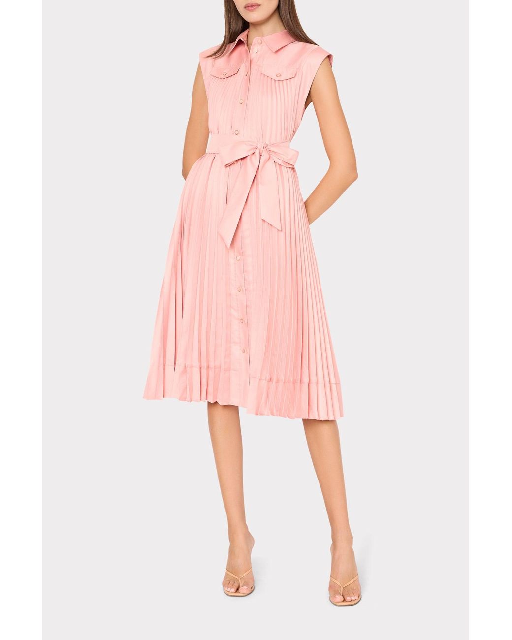 MILLY Pink Johanna Pleated Twill Midi Dress