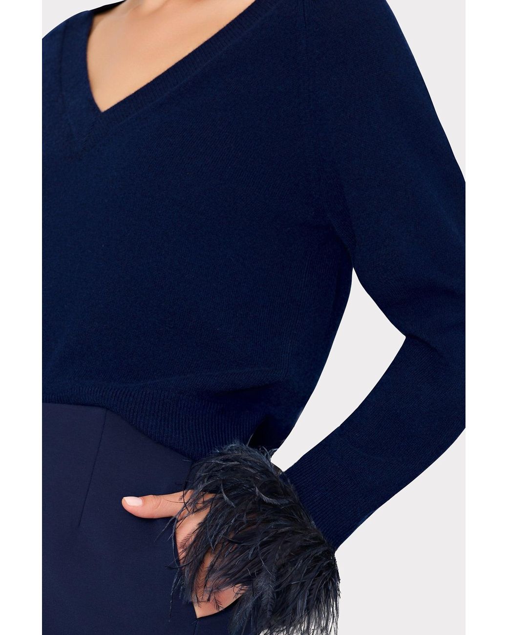 MILLY Blue Feather Cuff V-neck Sweater