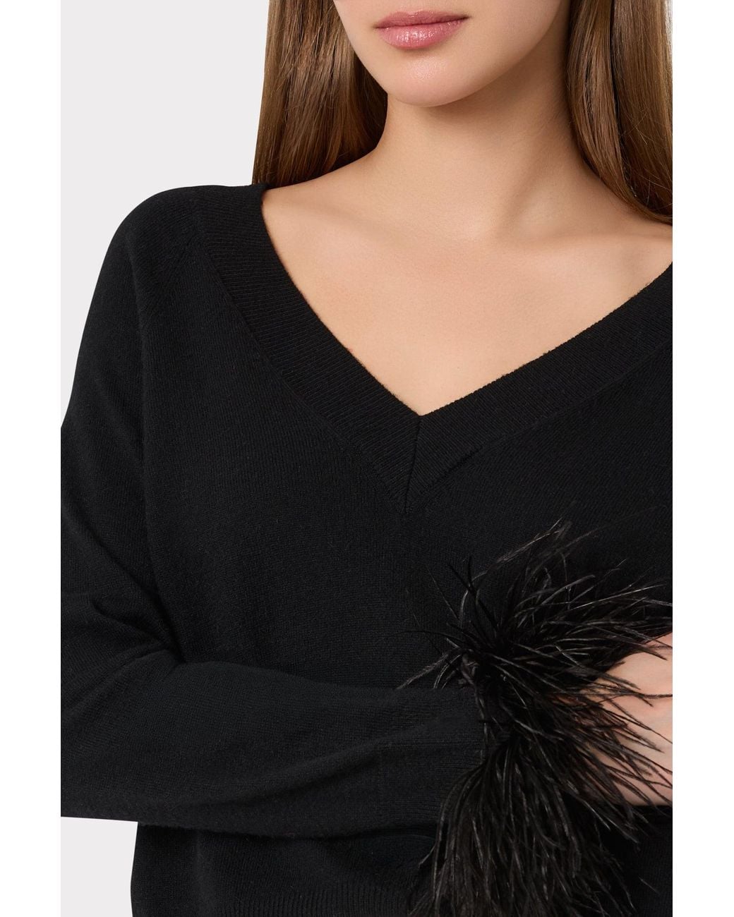 MILLY Black Feather Cuff V-neck Sweater