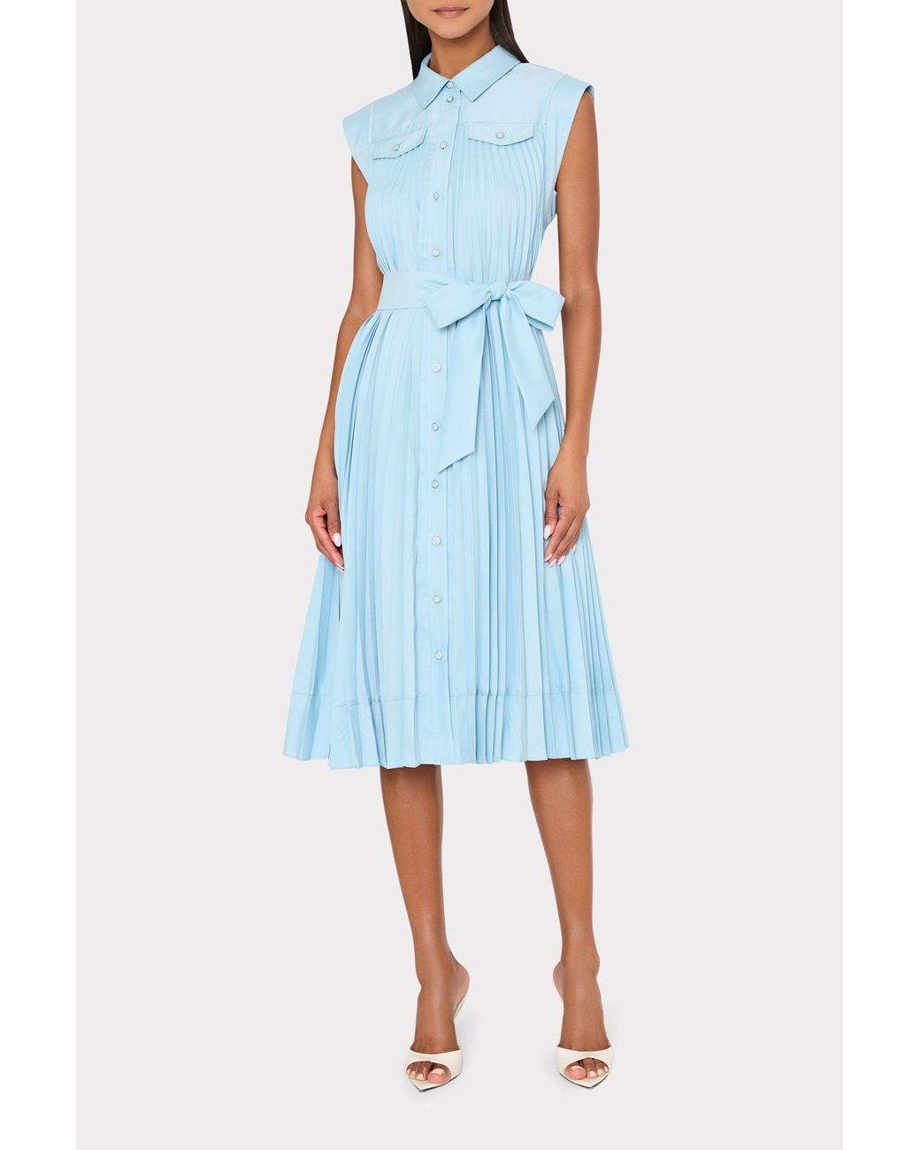 MILLY Blue Johanna Pleated Twill Midi Dress