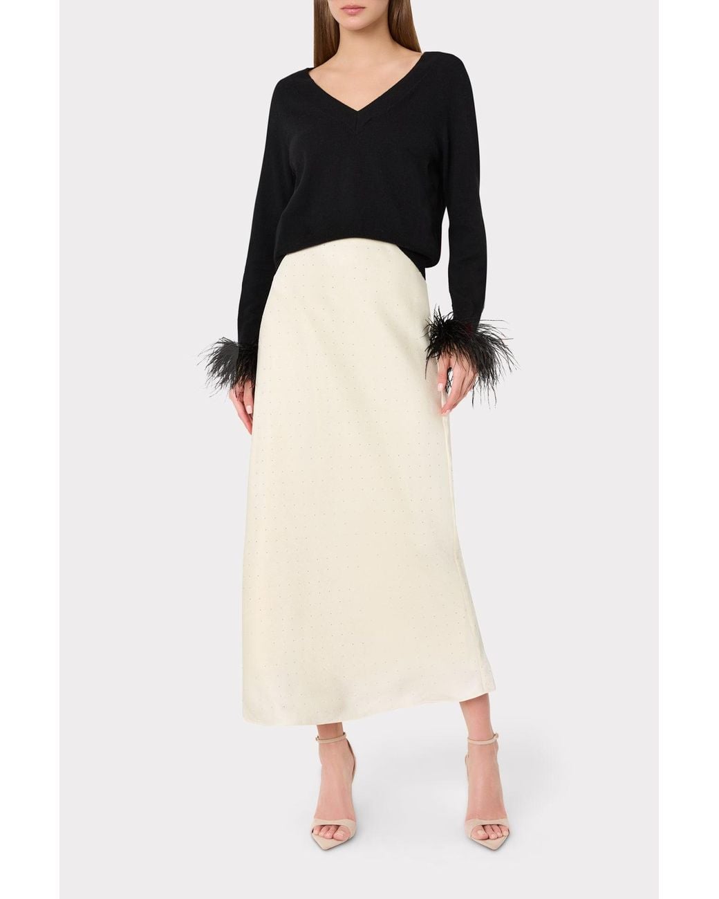 MILLY Black Feather Cuff V-neck Sweater