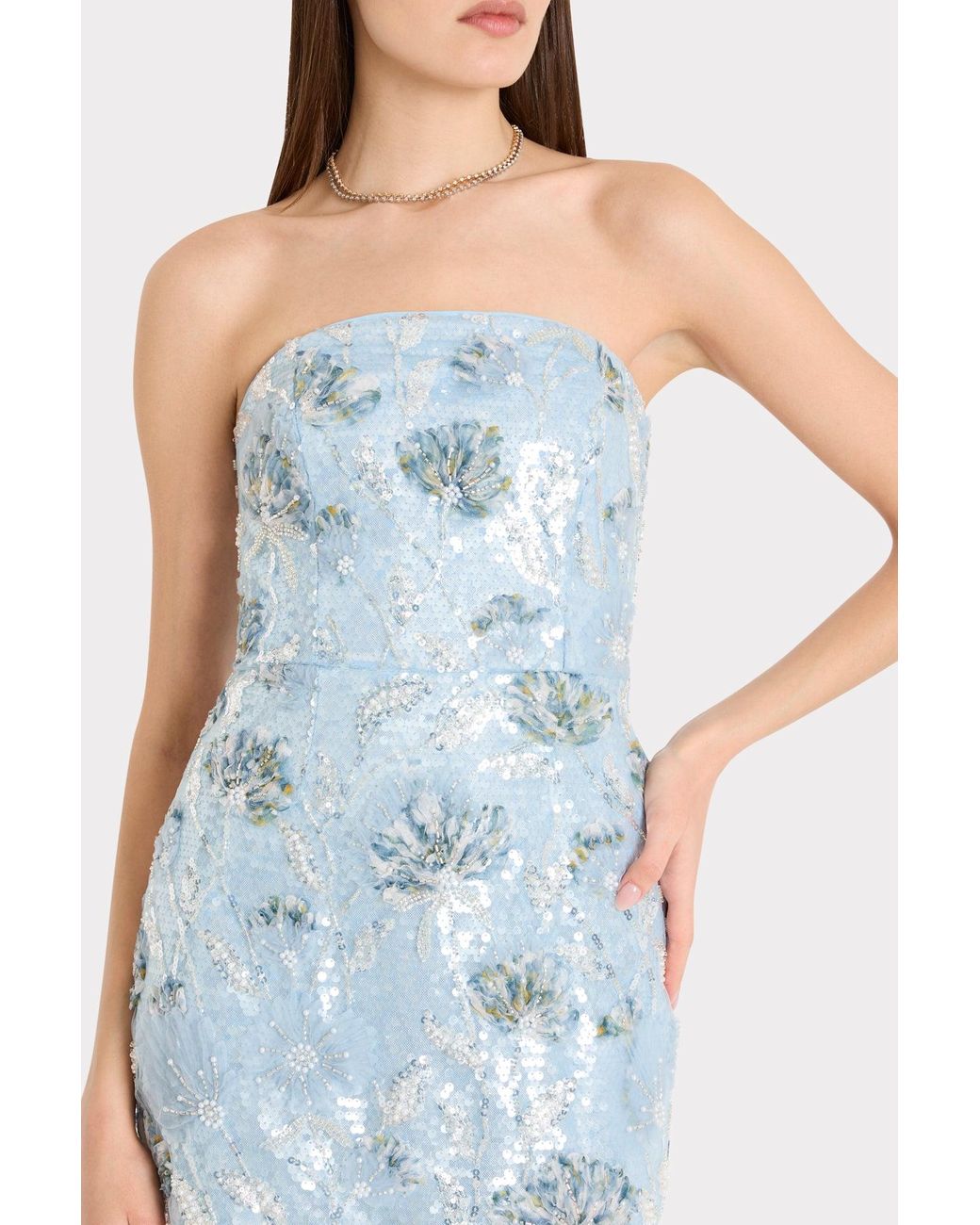 milly blue sequin dress Milly Orion Strapless Sequin Embroidered Maxi Dress