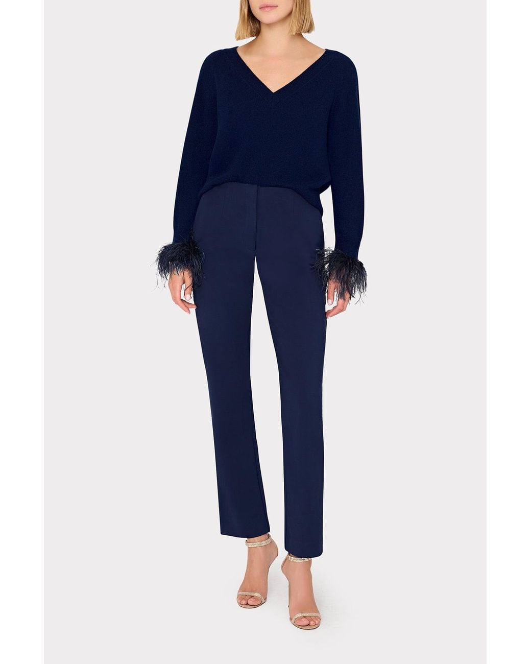 MILLY Blue Feather Cuff V-neck Sweater