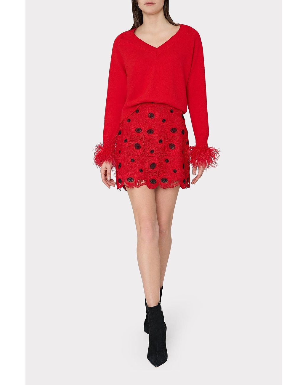 MILLY Red Feather Cuff V-neck Sweater